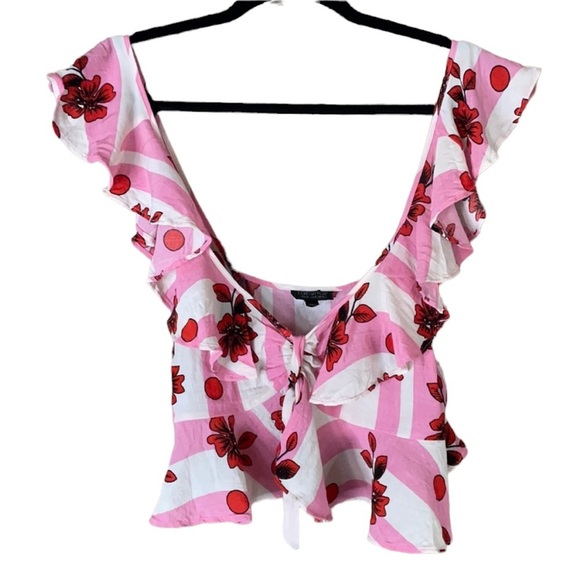 Topshop ruffle sleeveless crop top pink red floral pattern Size 10 - Picture 1 of 9